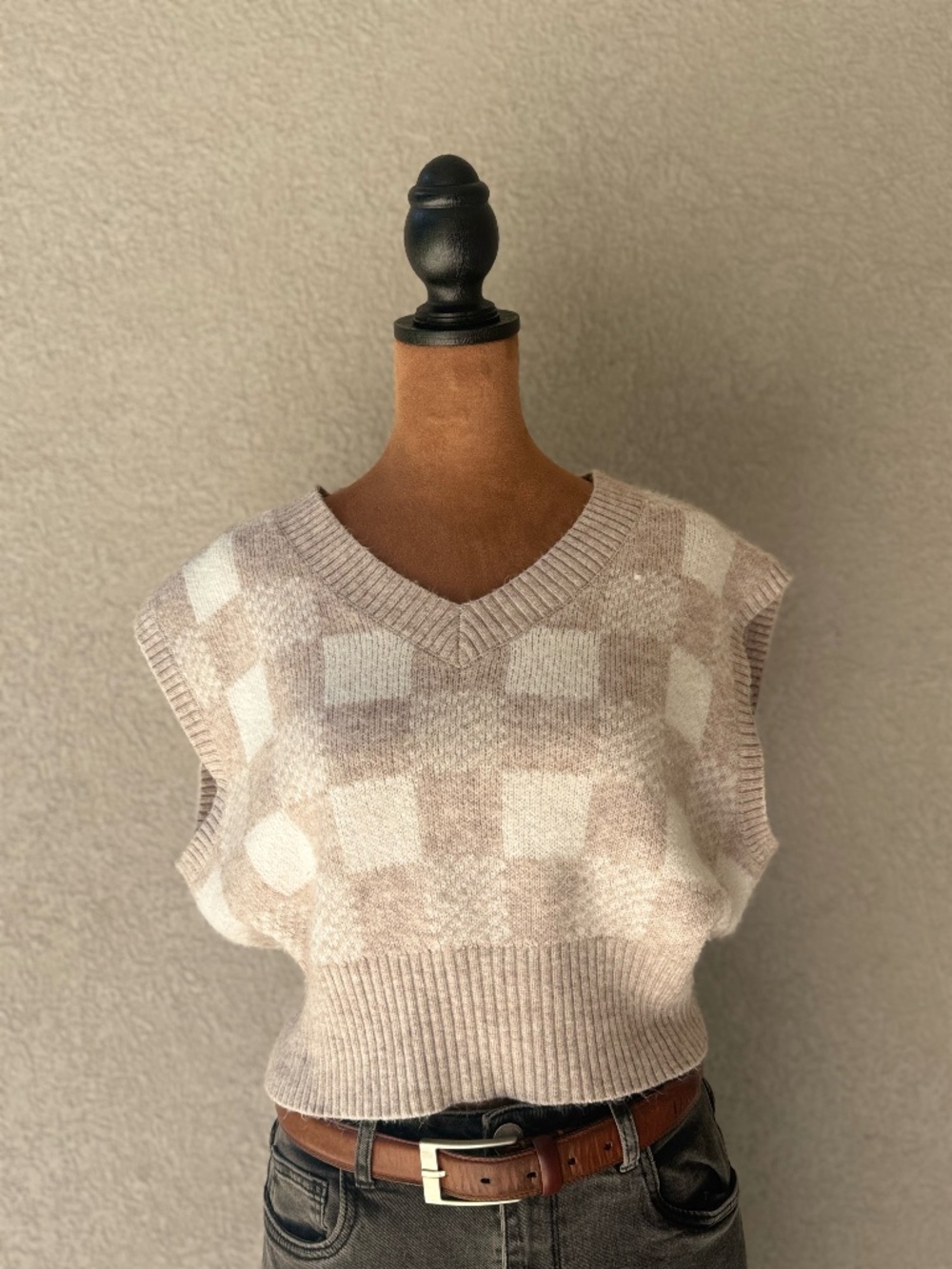 Cream & Taupe Plaid Sweater Vest-Size M